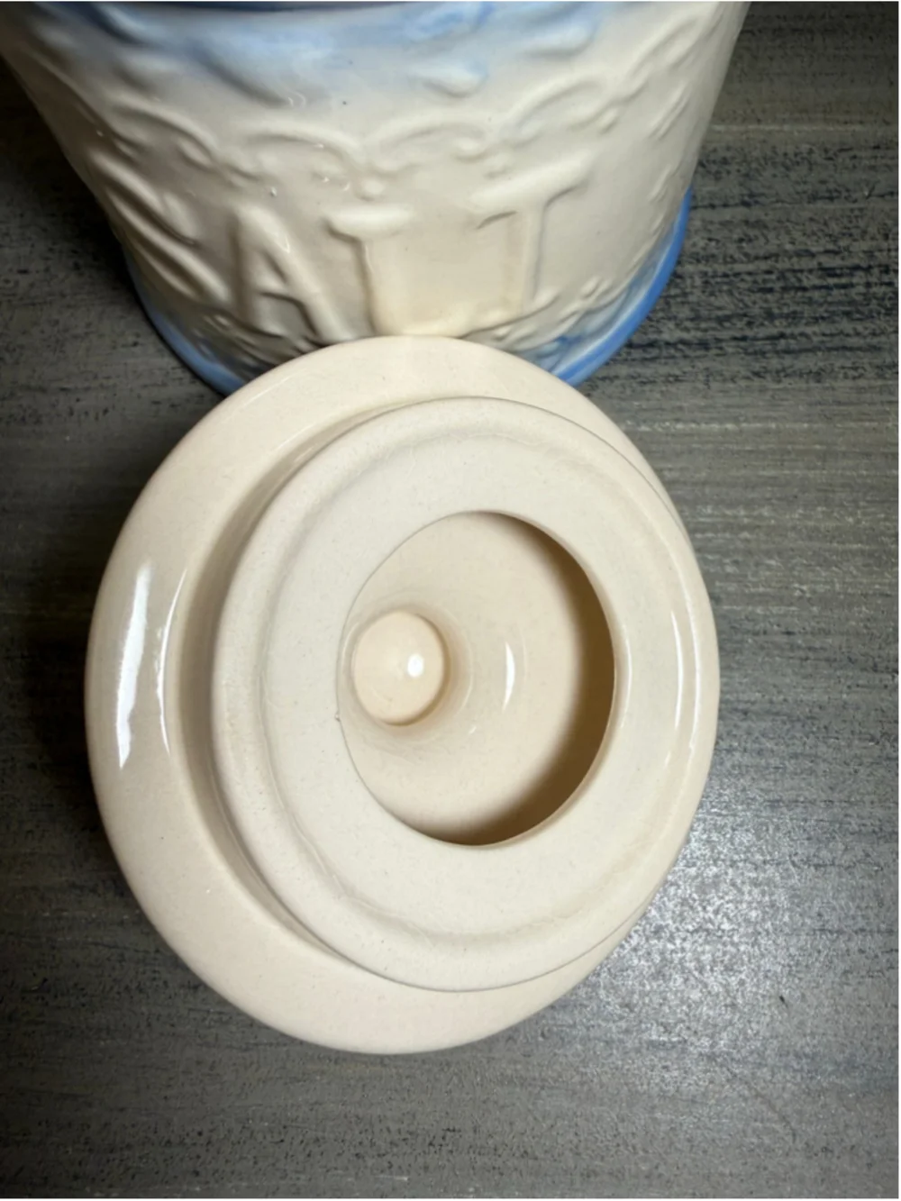 Vintage Blue & White Stoneware Hanging Salt Box Crock with Lid